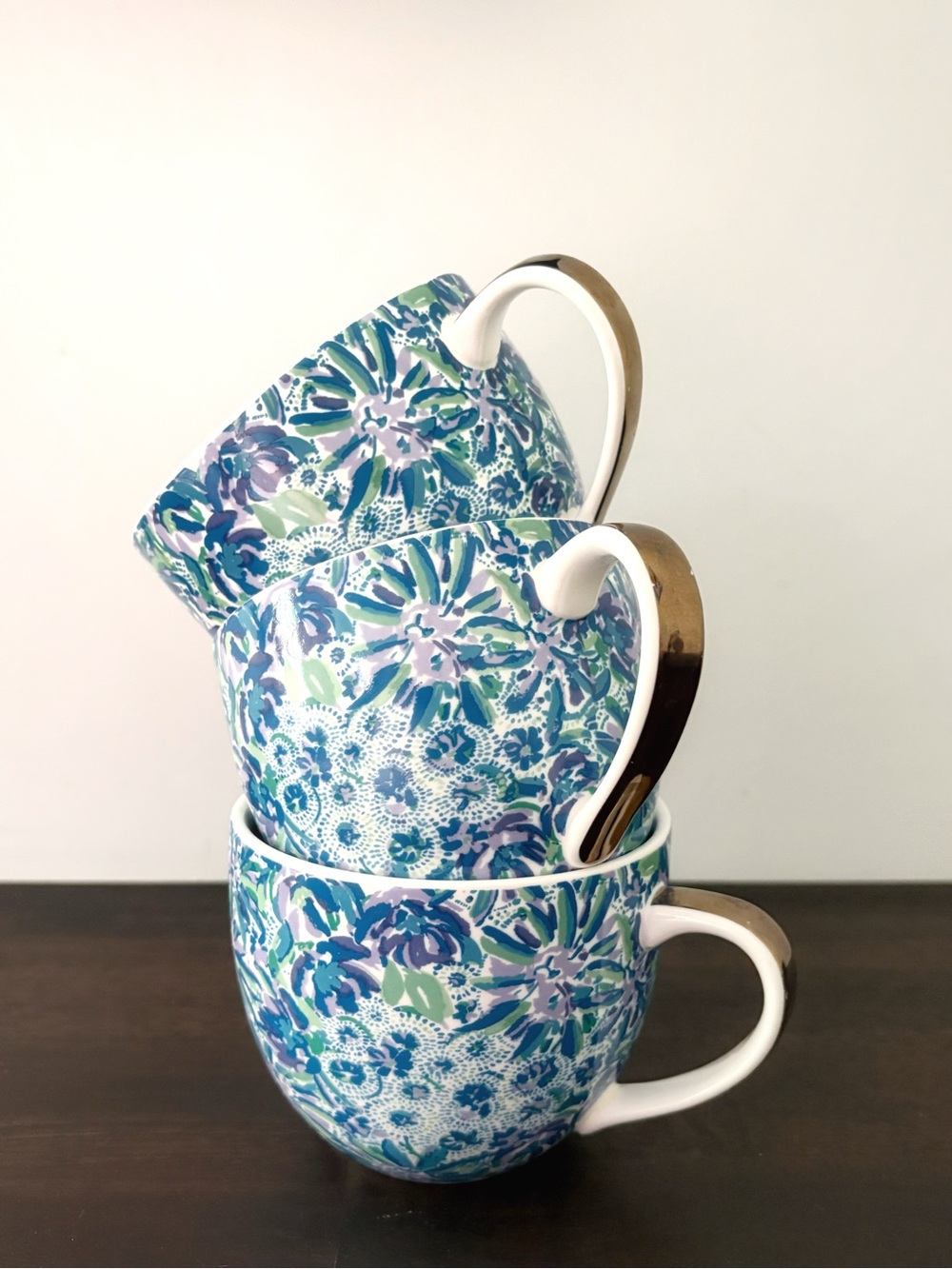 Lily Pulitzer Floral Blue Ceramic Mugs - Set of 3